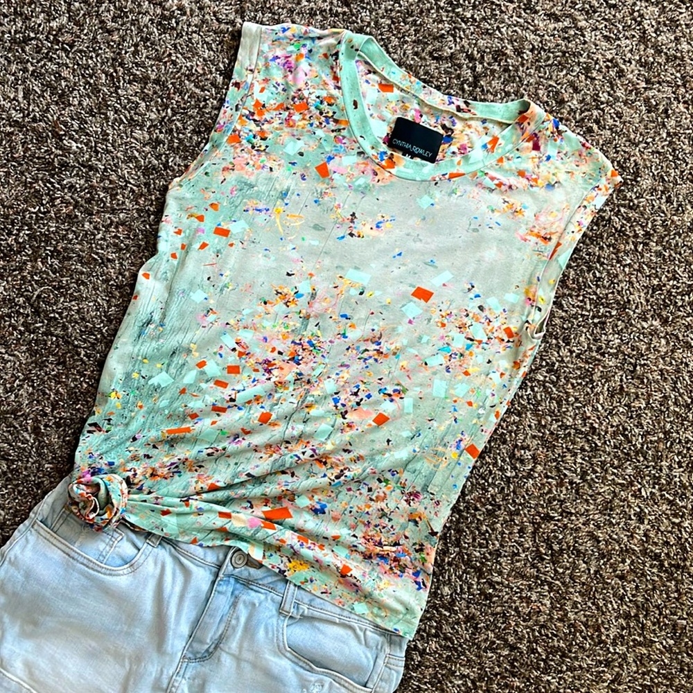 Cynthia Rowley Colorful Confetti Splatter Asymmetrical Teal Top, Size Medium